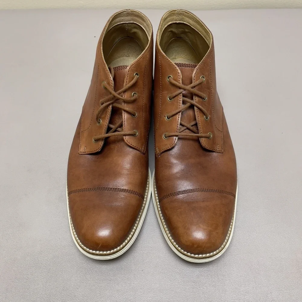 COLE HAAN Grand OS Boots Men 10.5 M Brown Leather‎ Chukka Cap Toe Lace Up Shoes
